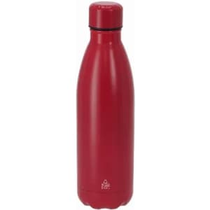 A drink bottle in a vibrant red colour with a sleek, tapered design and a cap. It features a logo on the body.
