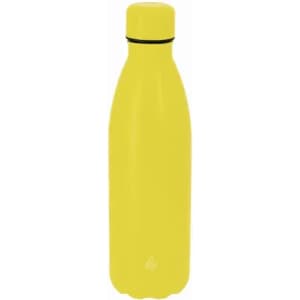 A drink bottle in bright yellow with a sleek design and a black ring around the neck. It features a logo.