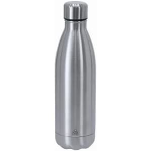 A drink bottle made of shiny stainless steel with a sleek, tapered design and a silver finish, featuring a logo.