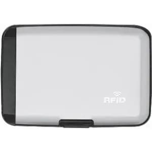 An RFID cardholder in black and white, featuring a secure clasp and a logo on the front.