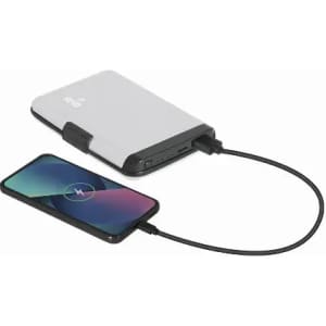 A portable charger in white and black, connected to a smartphone with a charging cable. The charger has a logo.