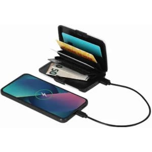 A wallet featuring a black exterior, opened to display cards and cash, with a connected charging cable for a phone.