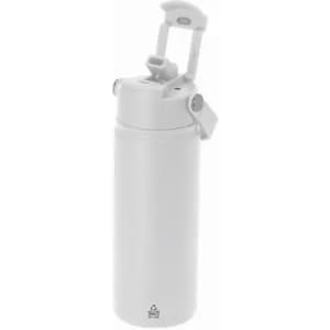 A drink bottle in white with a flip-top lid and a built-in carrying handle. It features a logo on the side.