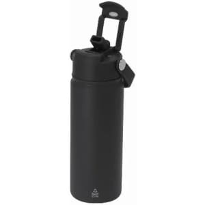 A drink bottle in matte black, featuring a flip-top lid and a carry handle. It has a logo on the front.
