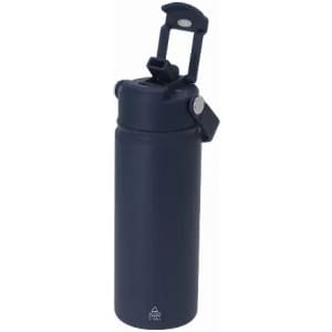 A drink bottle in navy blue with a flip lid and a logo on the side.