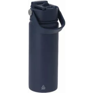A drink bottle in navy blue with a handle and a secure lid. It features a branding logo on the side.