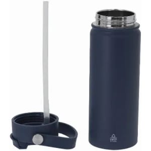 A drink bottle in navy blue with a stainless steel interior and a matching lid featuring a handle and a straw.