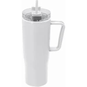 A drink bottle in white, featuring a clear lid and a handle for easy grip. It has a straw for convenient sipping.