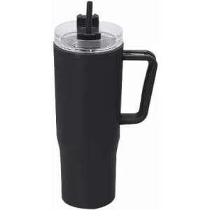A drink bottle in black with a clear lid and straw, featuring a handle for easy carrying.