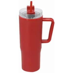 A drink bottle in bright red with a clear lid and straw, featuring a sturdy handle for easy carrying.