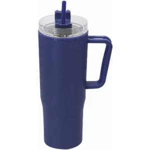 A drink bottle in navy blue with a clear lid, straw, and a handle for easy carrying.