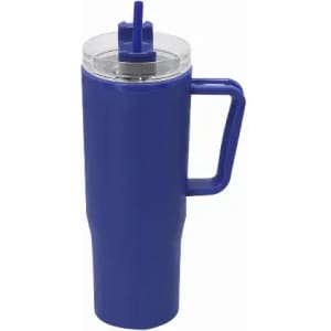 A drink bottle in a vibrant blue colour with a clear lid and straw, featuring a handle and a logo.