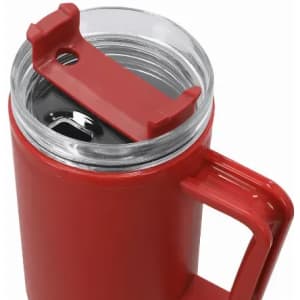 A drink bottle in red with a clear lid and a handle, featuring a black opening mechanism and a logo.