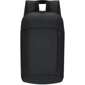 A black backpack featuring a zippered front pocket and padded shoulder straps. It has a sleek, minimalist design.