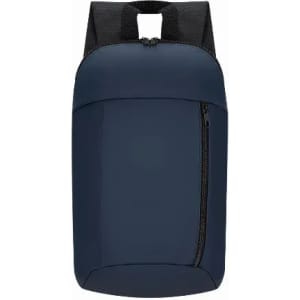 A backpack in navy blue with a zippered front pocket and padded shoulder straps. Features a smooth finish and minimalistic design.