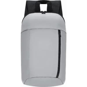 A grey backpack with a sleek design, featuring a front zip pocket and black shoulder straps.