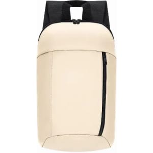 A backpack in beige with a black top and a zippered front pocket, featuring shoulder straps.