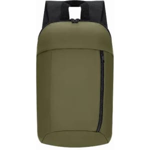A backpack in olive green with a zippered front pocket and black straps. Features a minimalistic design.