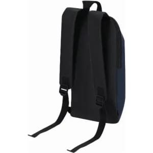 A black and navy backpack with adjustable straps and a zippered closure, featuring a simple design.