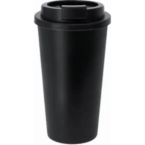 A drink bottle in matte black, featuring a lid and a cylindrical design. It has a logo on the surface.