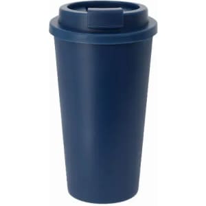 A drink bottle in navy blue with a lid, featuring a simple, modern design and a branding logo.