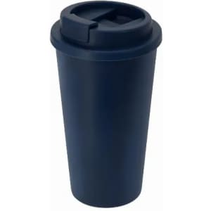 A drink bottle in navy blue with a push-on lid and a sleek, modern design. It features a logo.