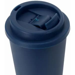 A drink bottle in navy blue featuring a secure lid and spout, with a simple logo on the side.