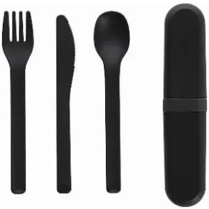 A set of black reusable cutlery including a fork, knife, spoon, and a compact storage case.