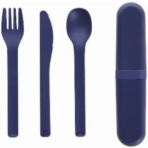 A set of navy blue reusable cutlery, including a fork, knife, and spoon, stored in a matching case.