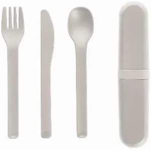 A reusable utensil set in light grey, featuring a fork, knife, spoon, and carrying case.