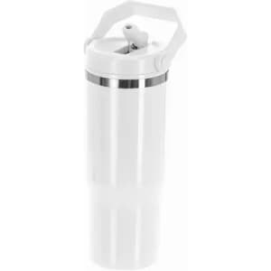 A drink bottle in white with a silver band and a flip-top lid, featuring a handle for easy carrying.