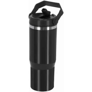 A drink bottle in glossy black with a silver band and a flip-top lid, featuring a carry handle.