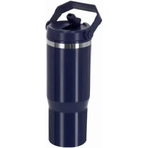 A drink bottle in navy blue with a sleek design and a flip-top lid, featuring a handle for easy carrying.