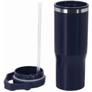 A drink bottle in navy blue with a silver band and a removable lid featuring a straw.