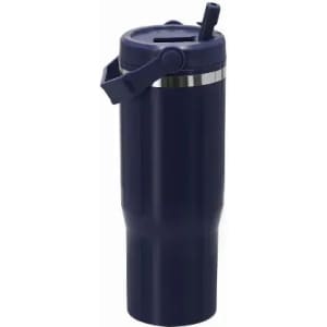 A drink bottle in navy blue with a silver band and a straw lid, featuring a handle for easy carrying.