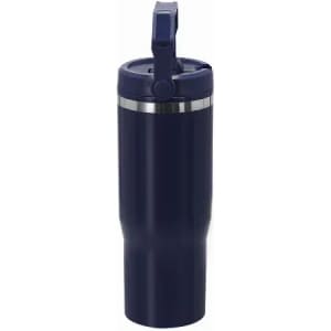 A drink bottle in navy blue with a silver band and a flip-top lid, featuring a logo on the side.