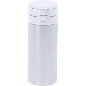 A drink bottle in a sleek, metallic silver finish with a secure lid. It features a simple logo.