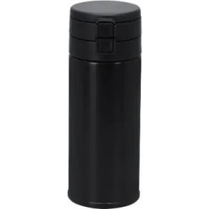 A drink bottle in sleek black, featuring a secure lid and a minimalist design, with an attached logo.