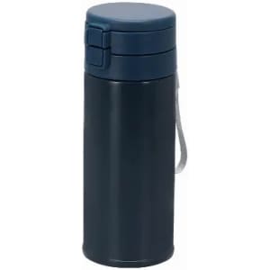 A drink bottle in dark blue with a lid and a carrying strap, featuring a logo.
