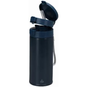 A drink bottle in navy blue with a flip-top lid and straw, featuring a carrying strap and branding.