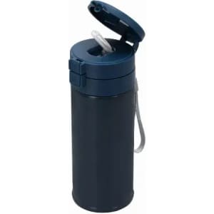A drink bottle in navy blue, featuring a flip top lid and a straw, with a carrying strap.
