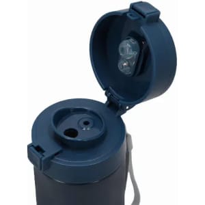 A drink bottle in navy blue with a flip-top lid and two openings for drinking. It features a logo on the side.