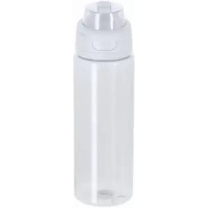 A drink bottle in clear plastic with a white cap and a logo on the side.