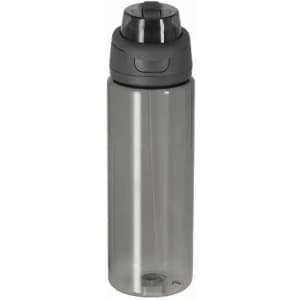 A drink bottle in transparent grey with a black lid and built-in spout, featuring a branding logo.