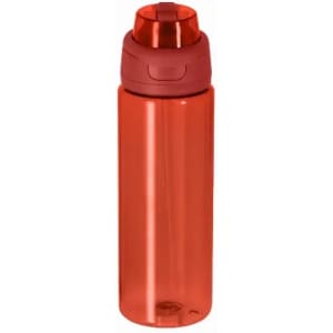 A drink bottle in a translucent red colour with a matching lid and a logo on the side.