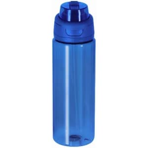 A drink bottle in a translucent blue colour with a blue lid and spout, featuring a logo on the side.
