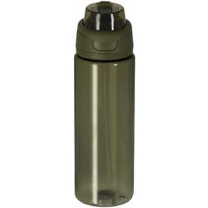 A drink bottle in an olive green colour with a screw top lid and a logo on the side.