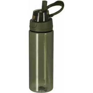 A drink bottle in a translucent dark green colour with a straw lid and a handle for easy carrying.