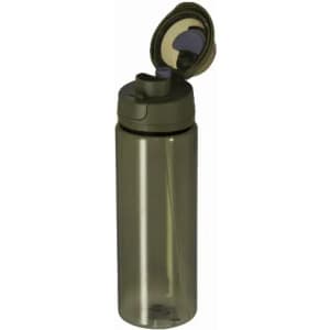 A drink bottle in an olive green colour with a flip-top lid and a straw. It features a simple design with a branding logo.