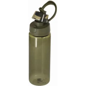 A drink bottle in olive green with a silver lid and a handle. It features a logo on the side.